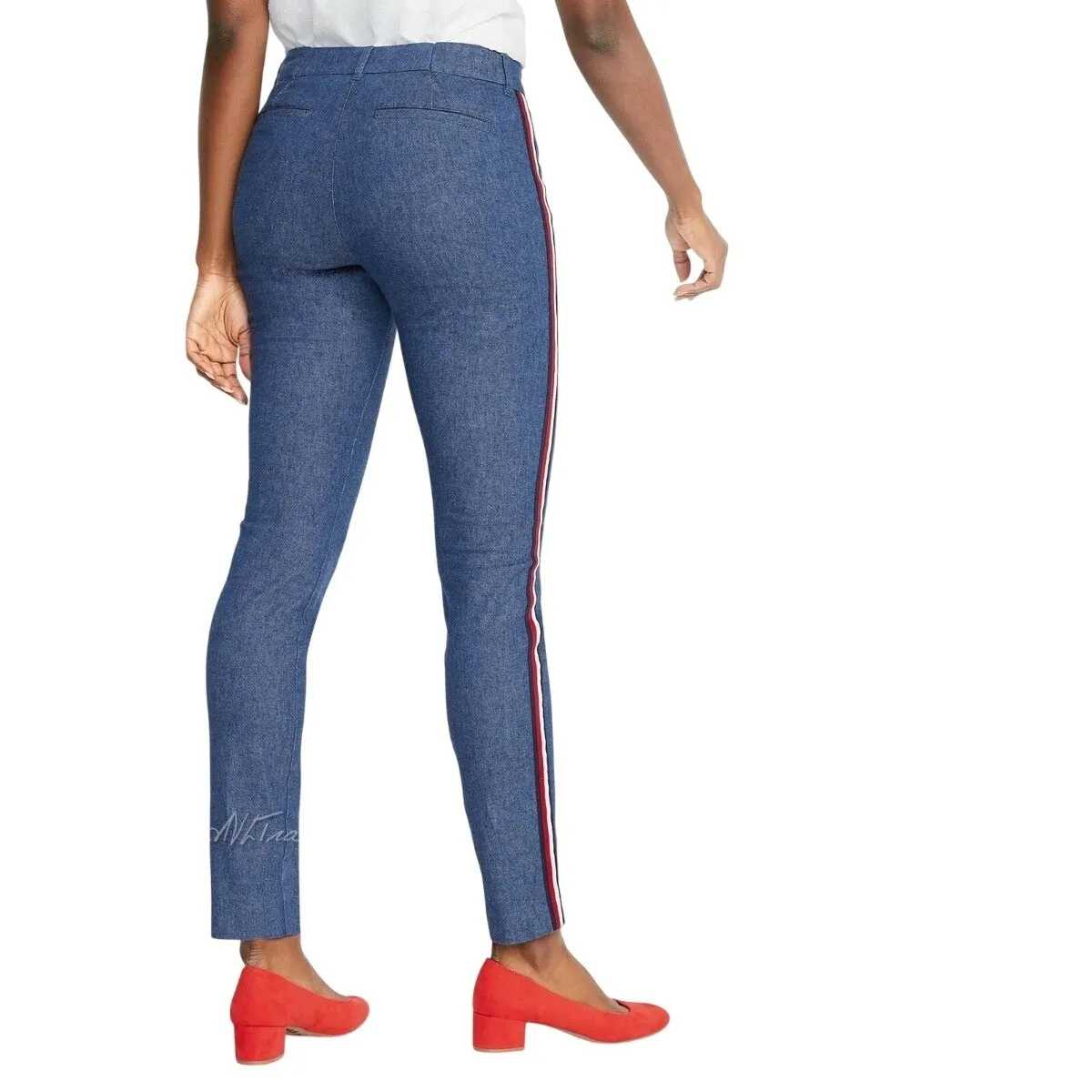 Old Navy  Pixie Ankle Pants Blue Red White Stripe Side Linen Blend Womens Size 14 - Image 3