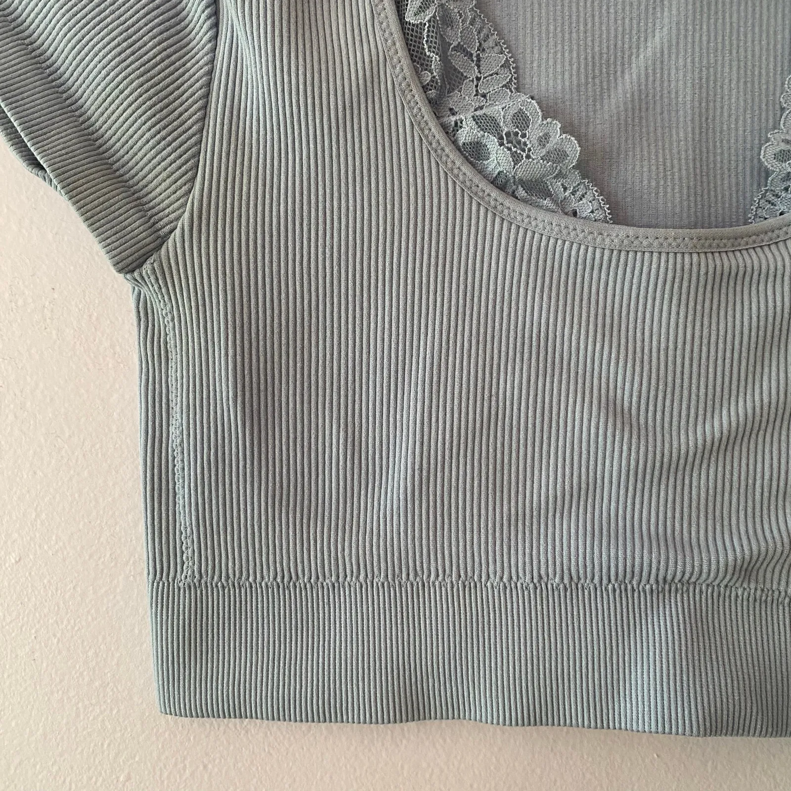 Aerie Superchill Baby Blue Ribbed Cropped Lace Loungewear Top Women size Medium - Image 4