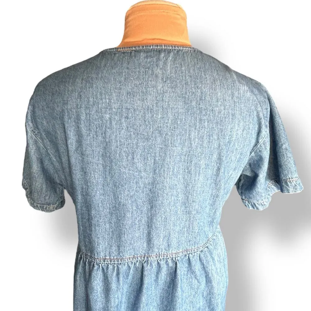 90s Denim Midi Dress USA Made Button Front Short Sleeve Empire Waist Jean Dress Blue Size M - Image 7