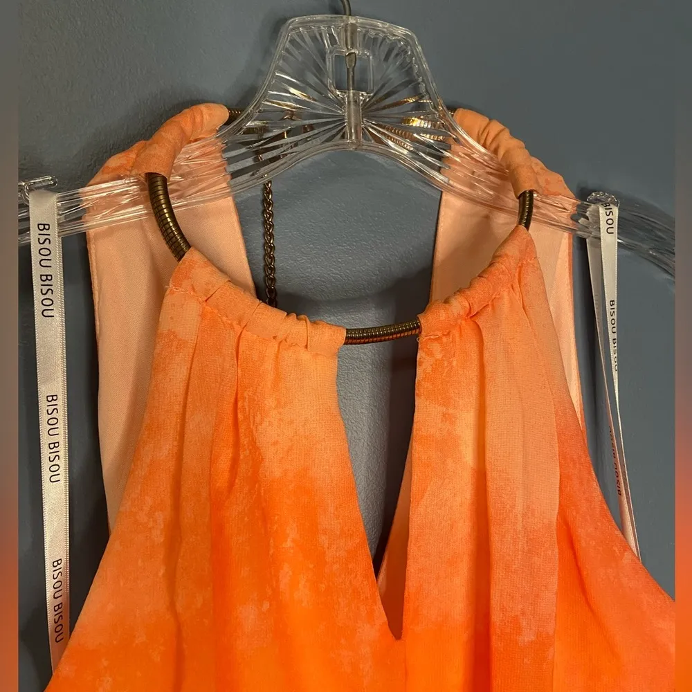 BISOU BISOU MICHELE BOHBOT HALTER KEYHOLE NECKLINE ORANGE FLORAL MAXI DRESS sz 4 - Image 3