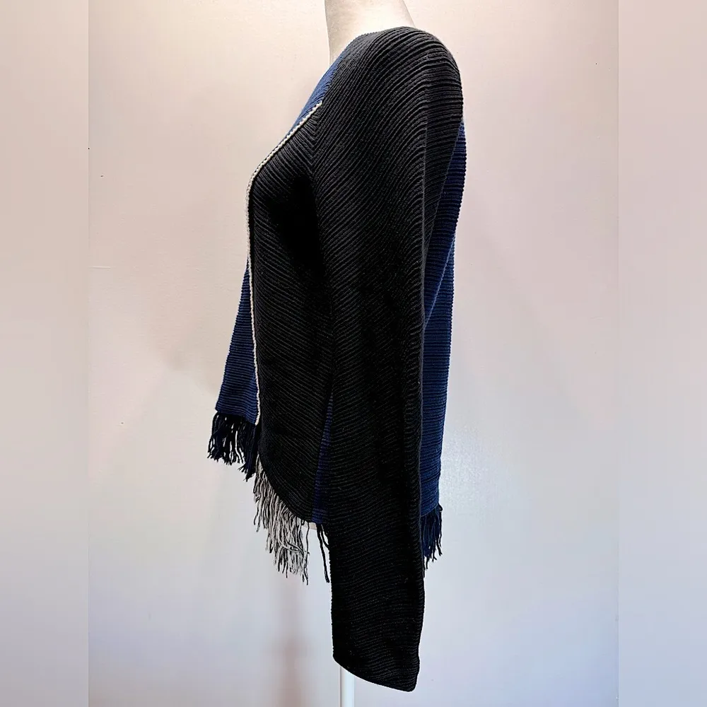 Jonathan Simkhai Blue & Black Colorblock 100% Wool Ribbed Fringed Sweater Luxury - Image 4