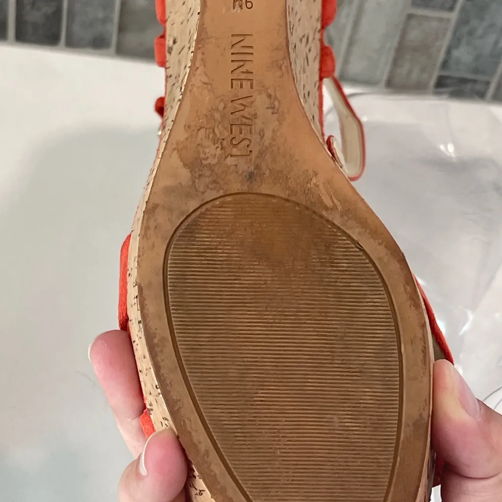 Nine West Orange Coral Leather Suede Cork Wedge Ankle Strap Size 9 - Image 7