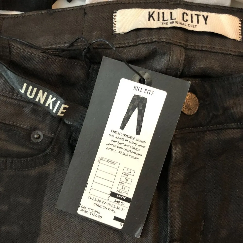 Kill City Womens Junkie Fit Black & Gray Checkered Skinny Jeans Goth Size 27 - Image 3