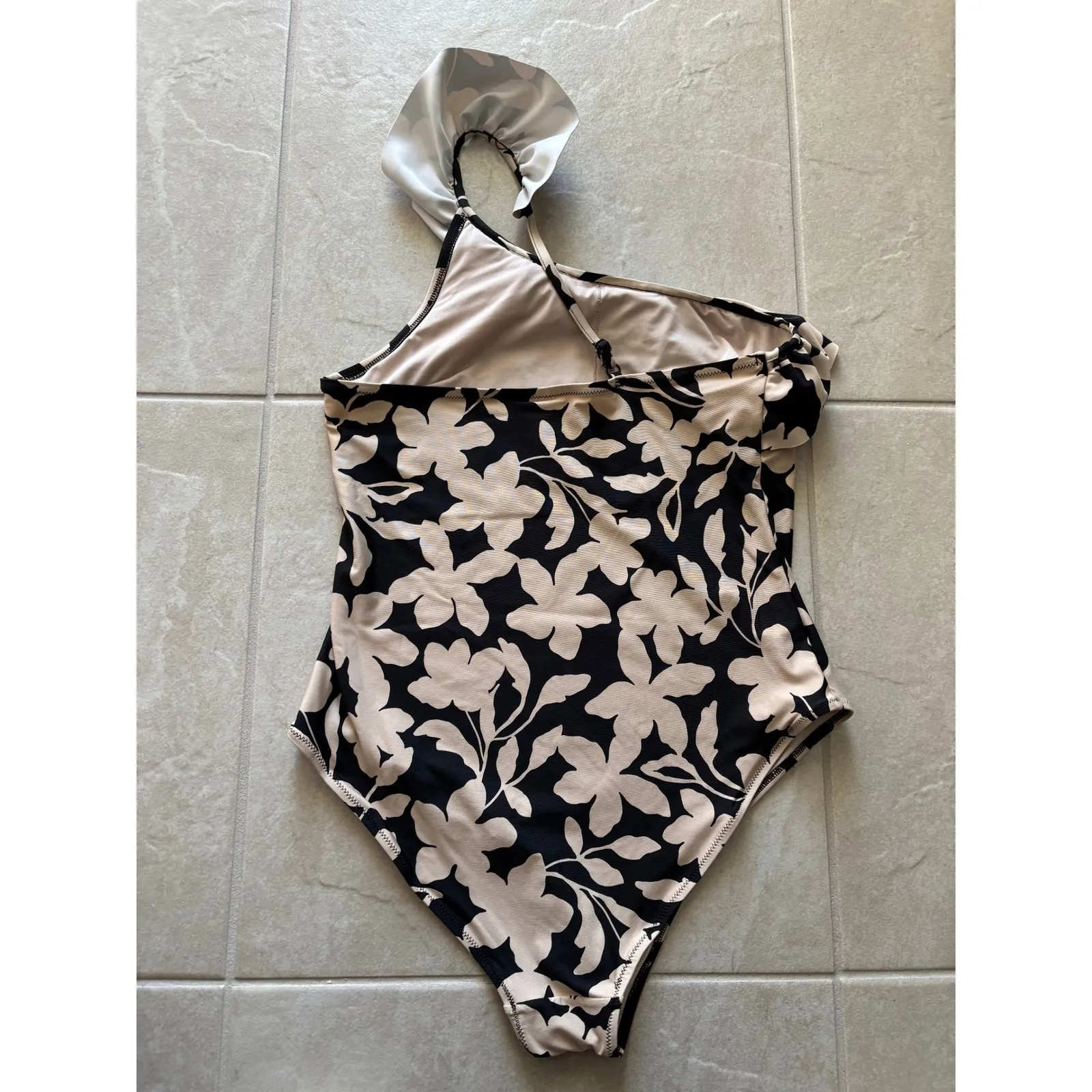 H&M Swimsuit Womens Large Black Tan One Piece Ruffle Swim Resort Travel Beach - Image 2
