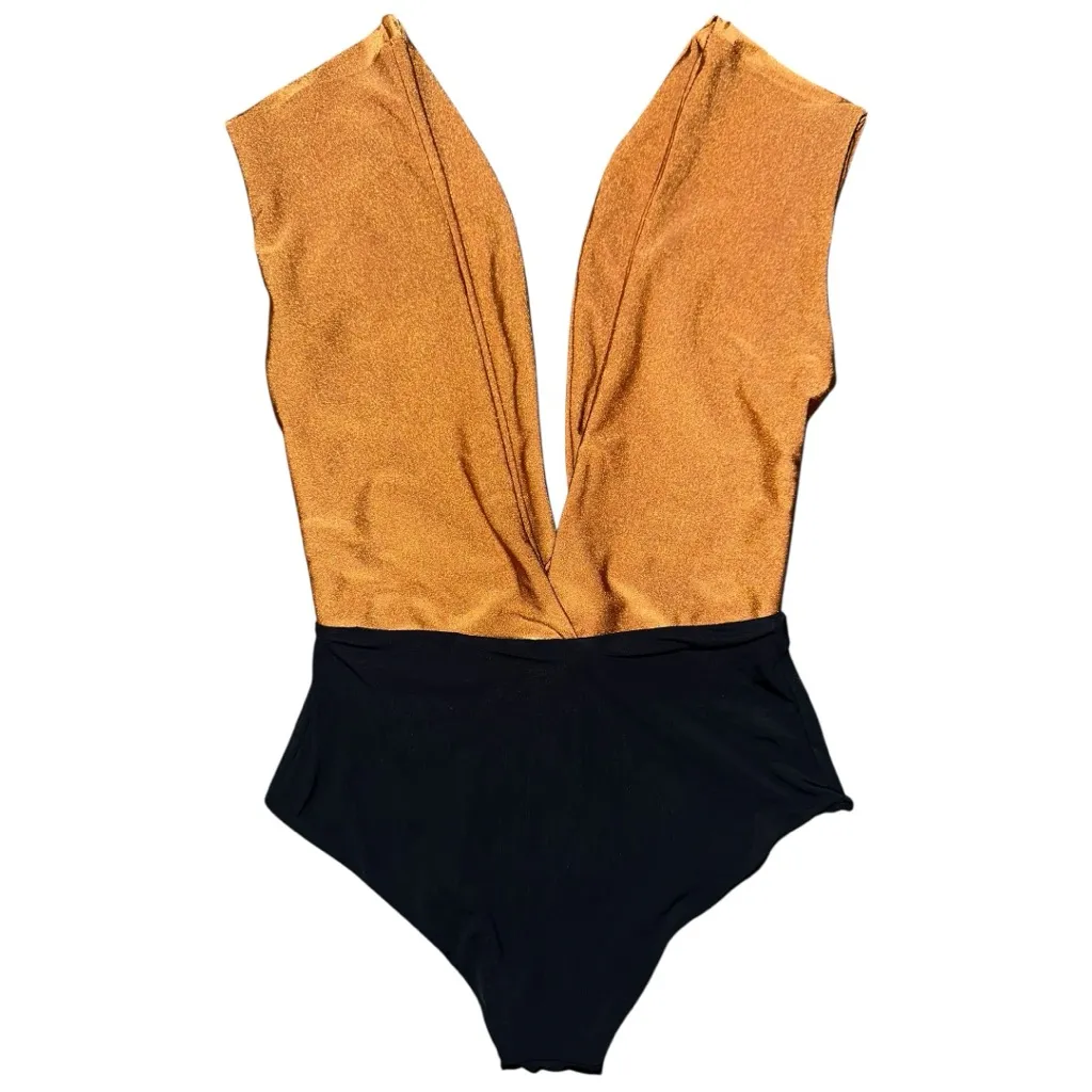 Haight. Women’s Sz M Bronze Black Deep Plunge V One Piece Swimsuit Bathing Suit Gold Size M - Image 3
