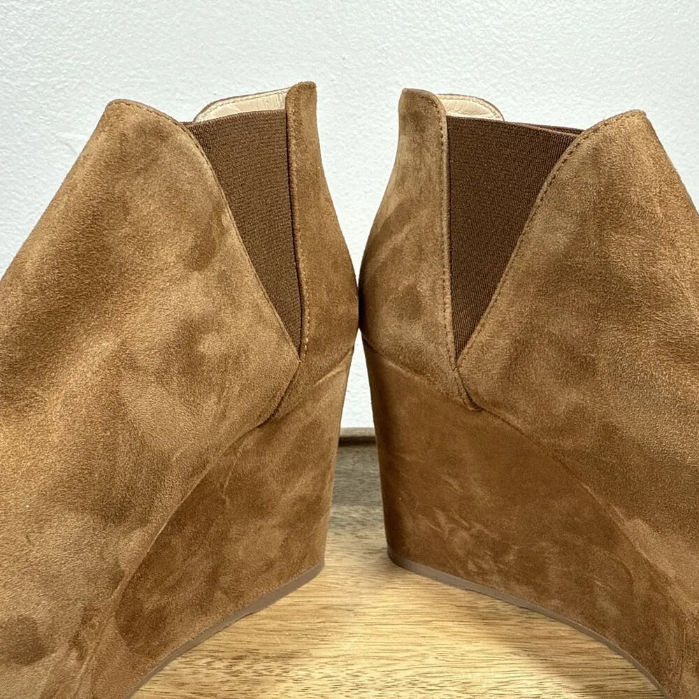 Dee Keller Suede Open Toe Pull On Platform Wedges Caramel Size 38 Italy Brown - Image 11