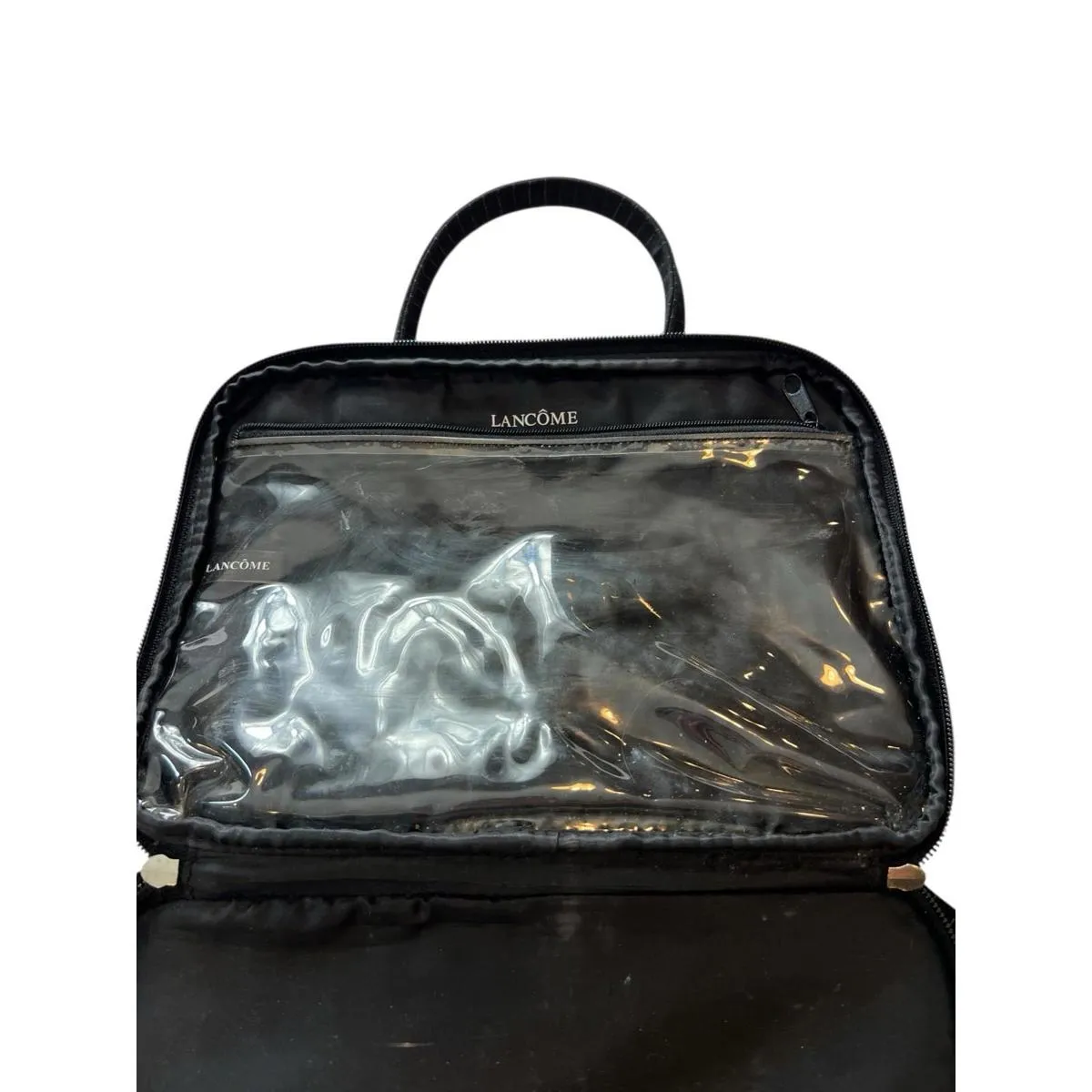 Lancôme Black Pinstripe Train Case Travel Makeup Bag 12x9 Cosmetic Organizer - Image 9