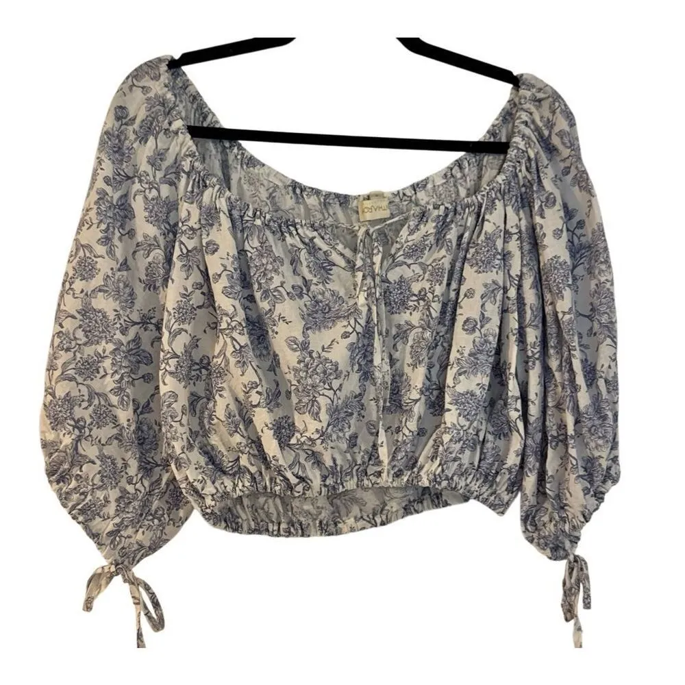 Cynthia Rowley linen cropped tie neck blouse blue toile Small - Image 2