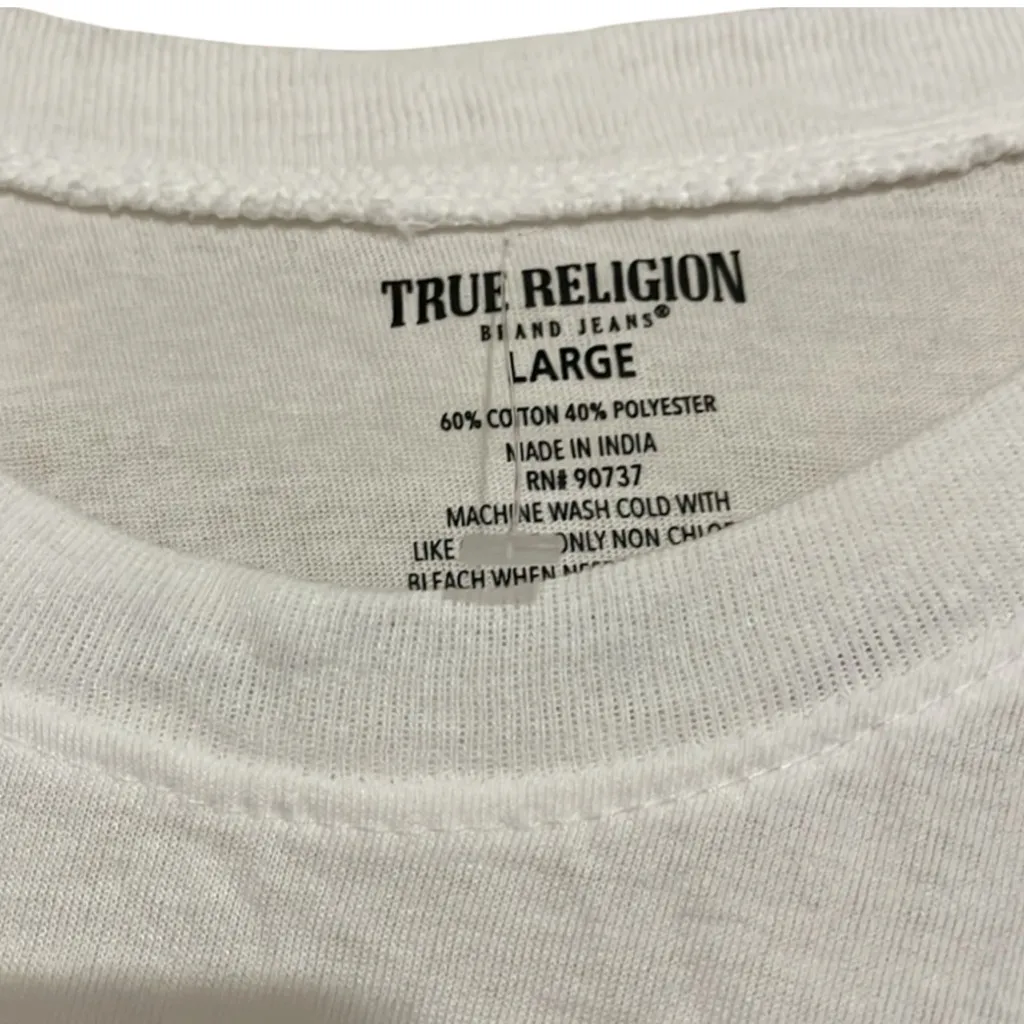 TRUE RELIGION Cropped White Short Sleeve Red Logo Arm T-Shirt Size L - Image 4
