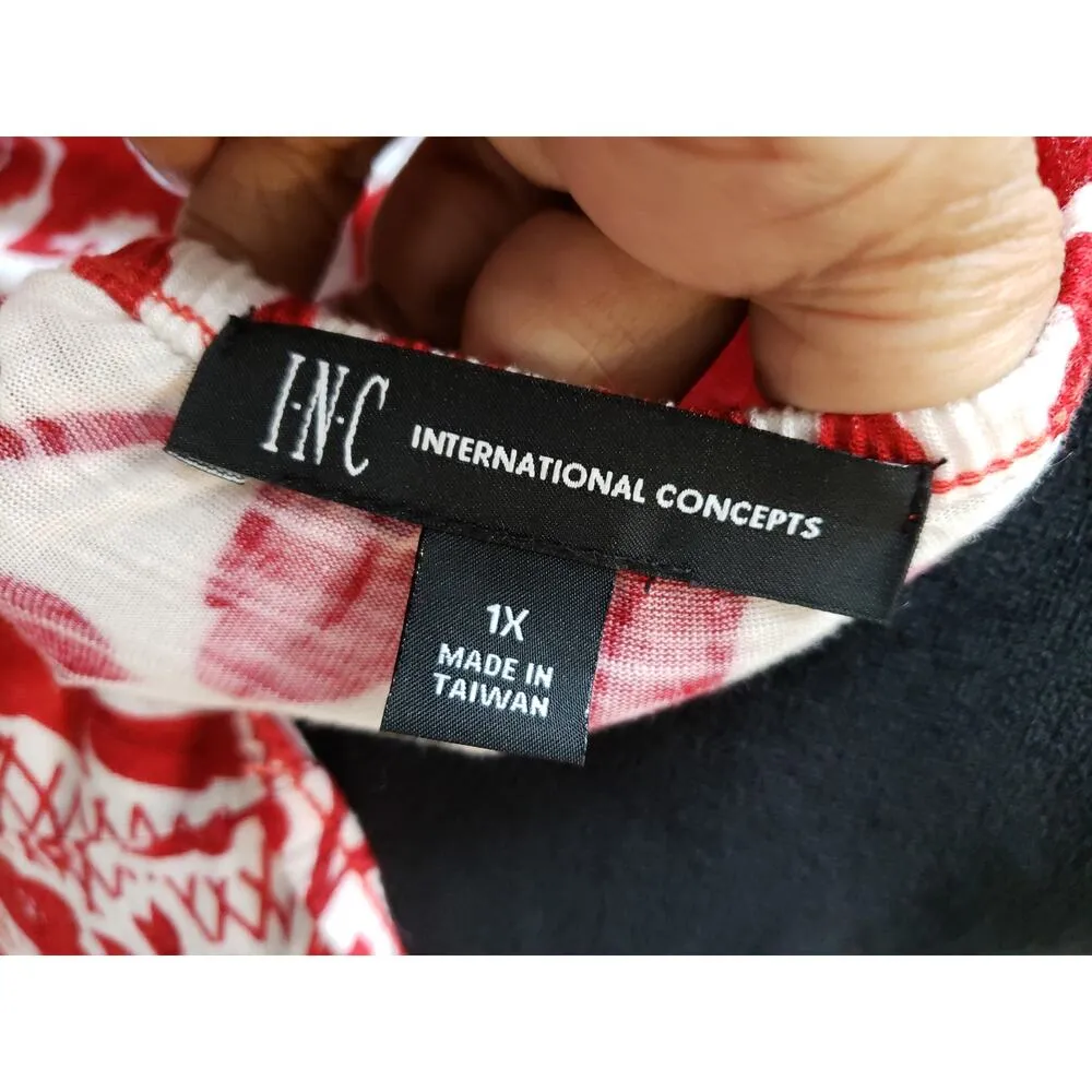 INC Blouse Women 1X Red White Floral Print Rayon Long Sleeve Boho Peasant Top - Image 9