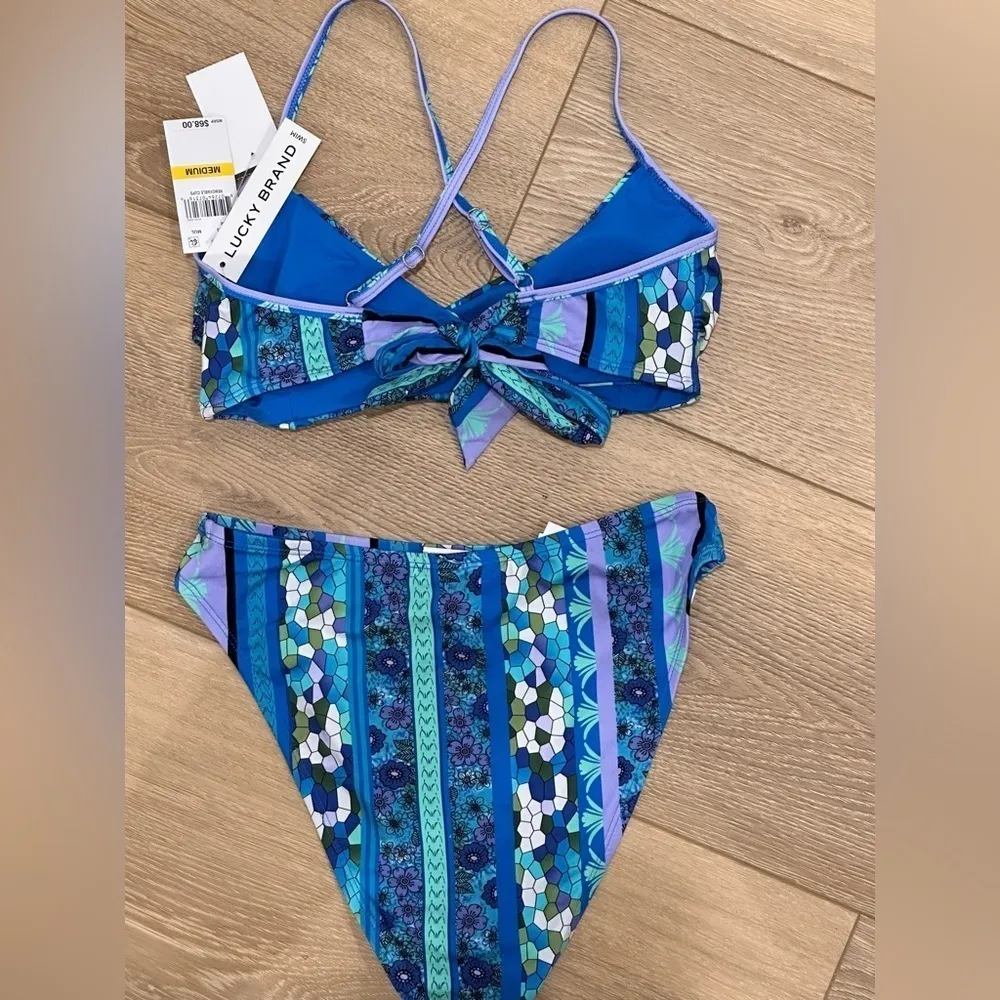 Lucky Brand Bikini Set High Rise Blue Floral Geometric Medium New Beachy Vacay - Image 7