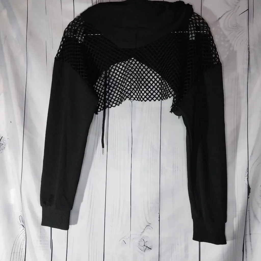 Fishnet Super Cropped Indie Sleeze Goth Hoodie Black Size M - Image 7