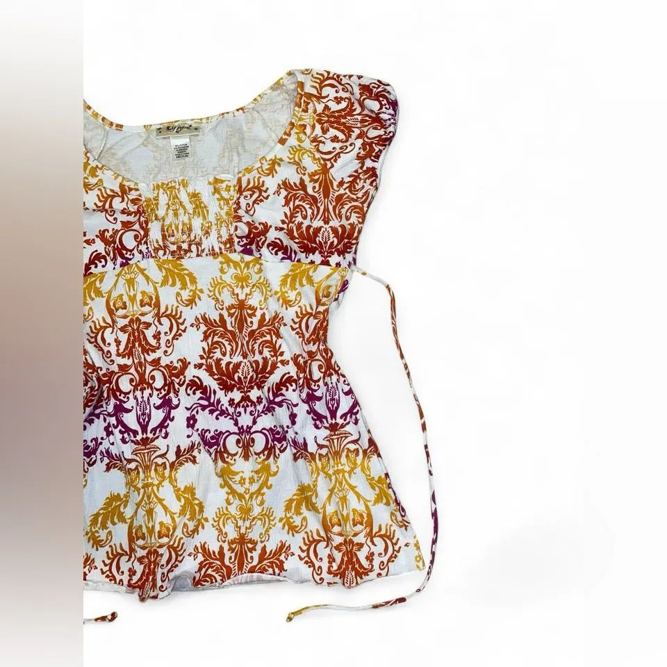 Y2k orange and white paisley patterned babydoll top - Image 3