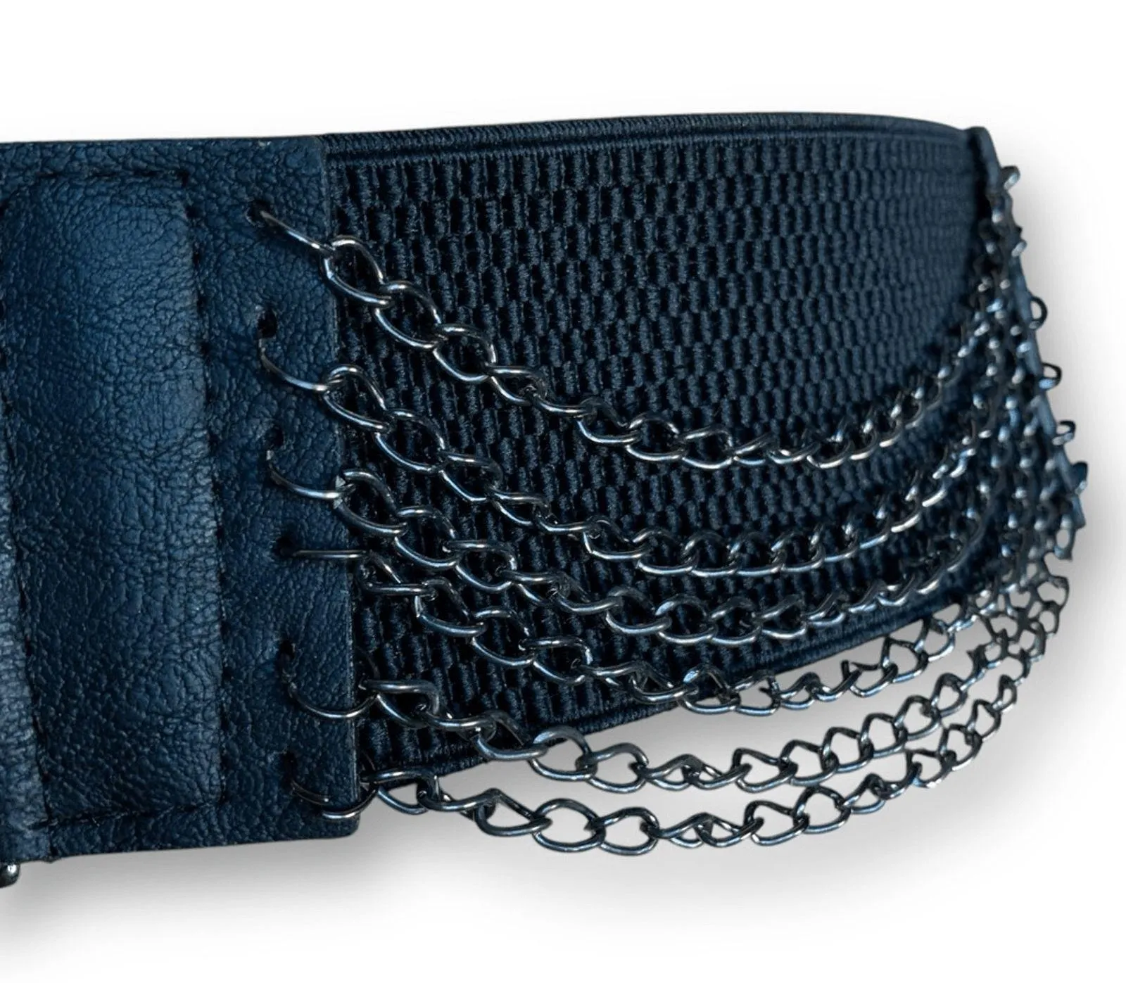 Deadstock Y2K Yik Fung Black Leather Stretch Waist Belt Chains NWT Statement - Image 3