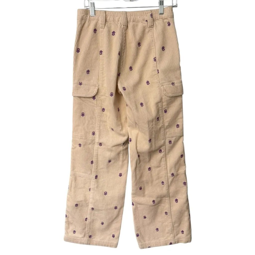 PacSun Low Rise Puddle Corduroy Cargo Pants Beige Purple Embroidered Size S - Image 2