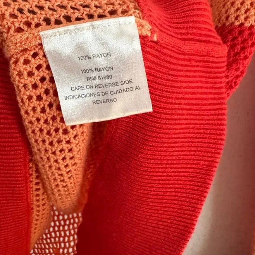 525 America Orange Pink Colorblock Crochet Open Knit Pullover Sweater Tunic MED - Image 6