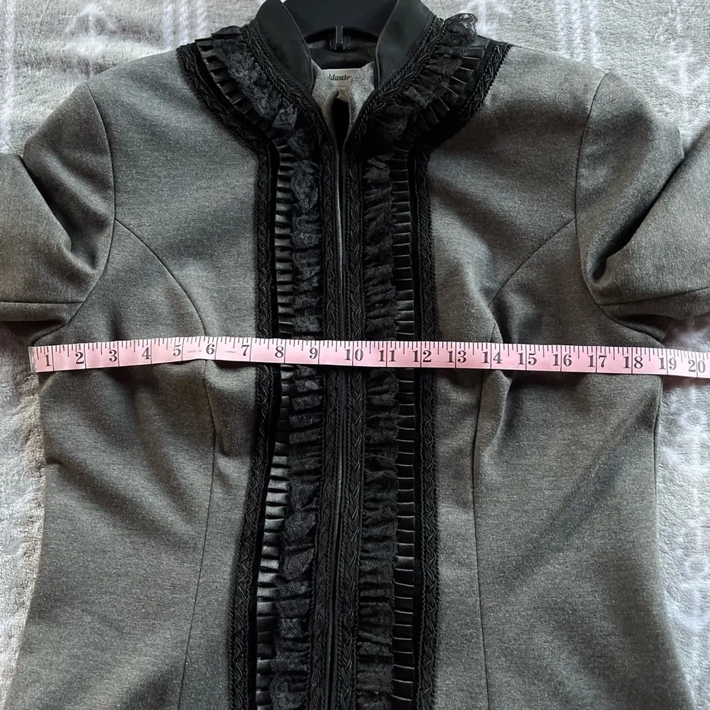 Coldwater Creek Charcoal Grey Jacket with Victorian Style Black Trim Size 10 - Image 7