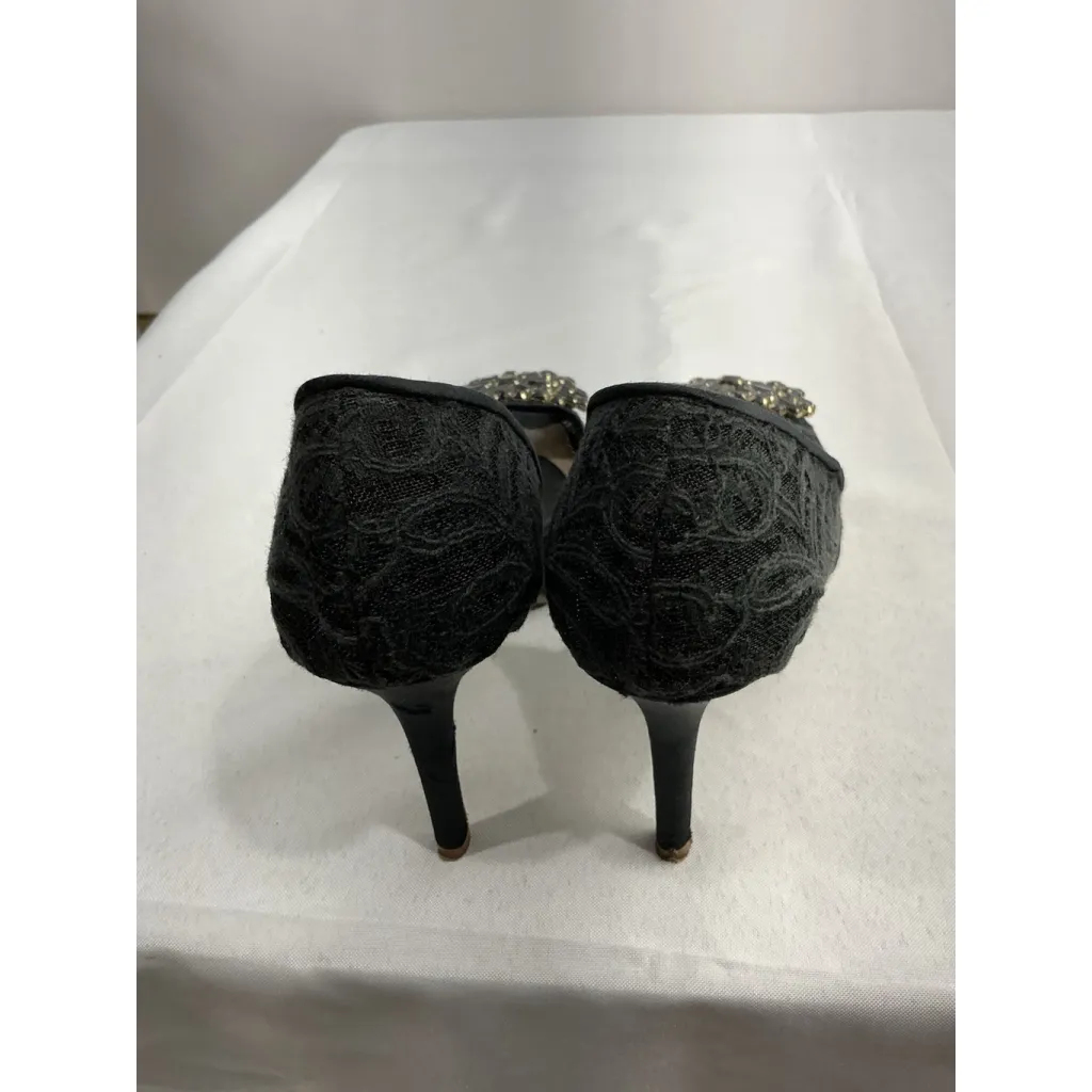 Womans Nine West Jaquita Slip On Pumps 7 M Black Stiletto Peep Toe Brooch Detail - Image 4