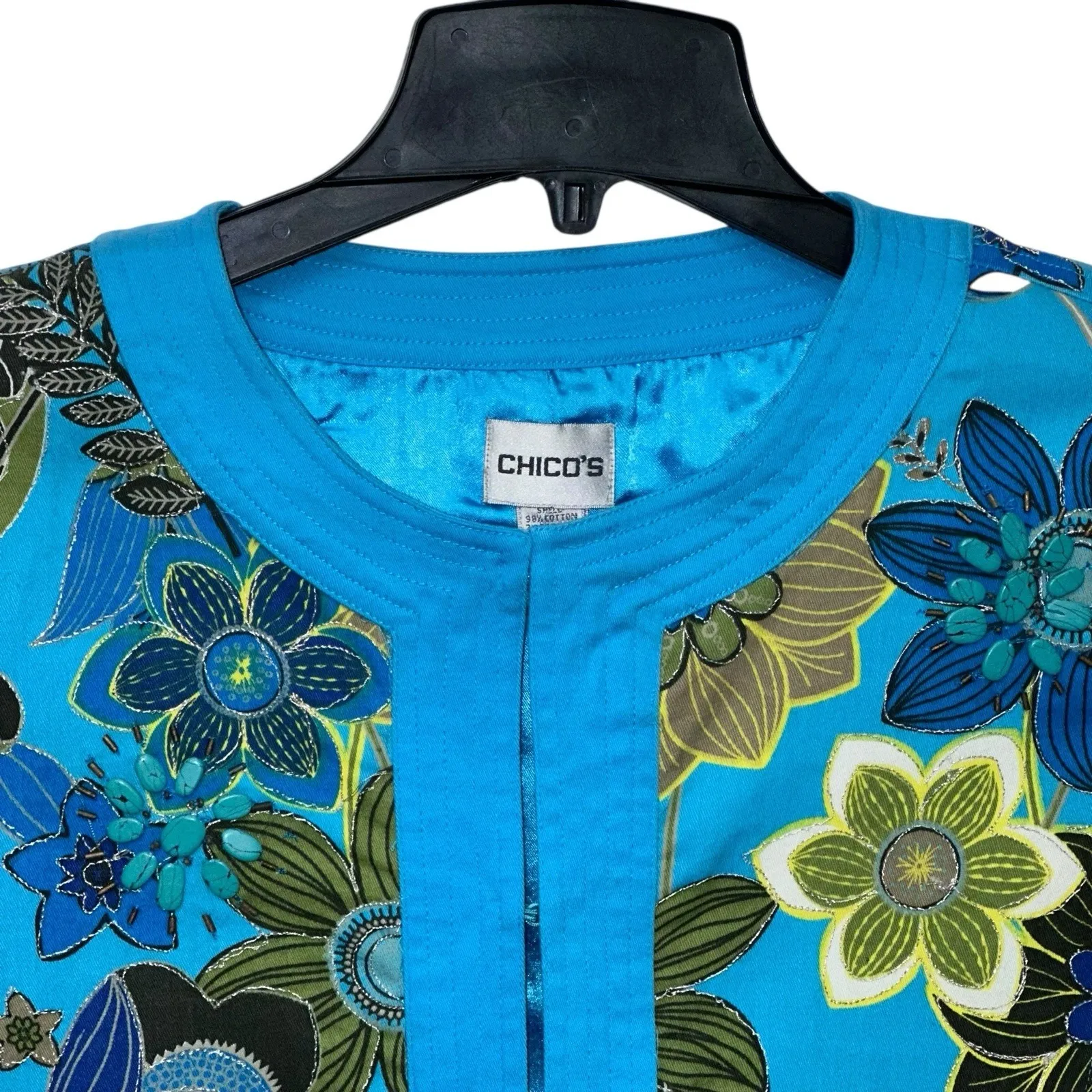 Chicos Jacket‎ Beads Metallic Thread Blue Floral Pockets Lined WOMENS SIZE 1 M - Image 2