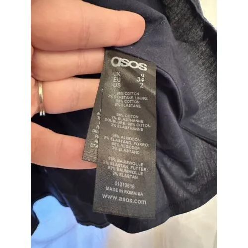 ASOS Cotton Blend Navy Blue Sleeveless V Neck‎ Dress Cap Sleeve Zip Size 2 - Image 5