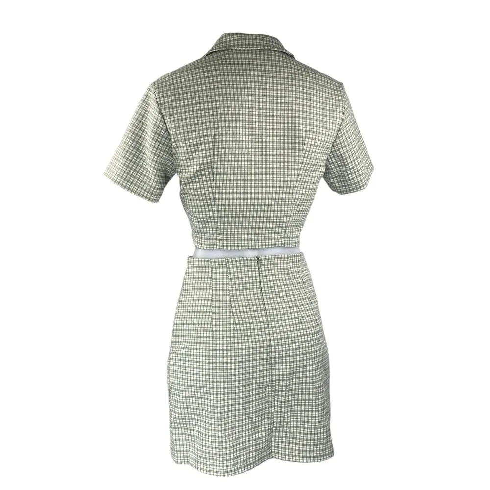 Brandy Melville Green Plaid Button Up Short Sleeve Crop Top Mini Skirt Set Sz S - Image 2