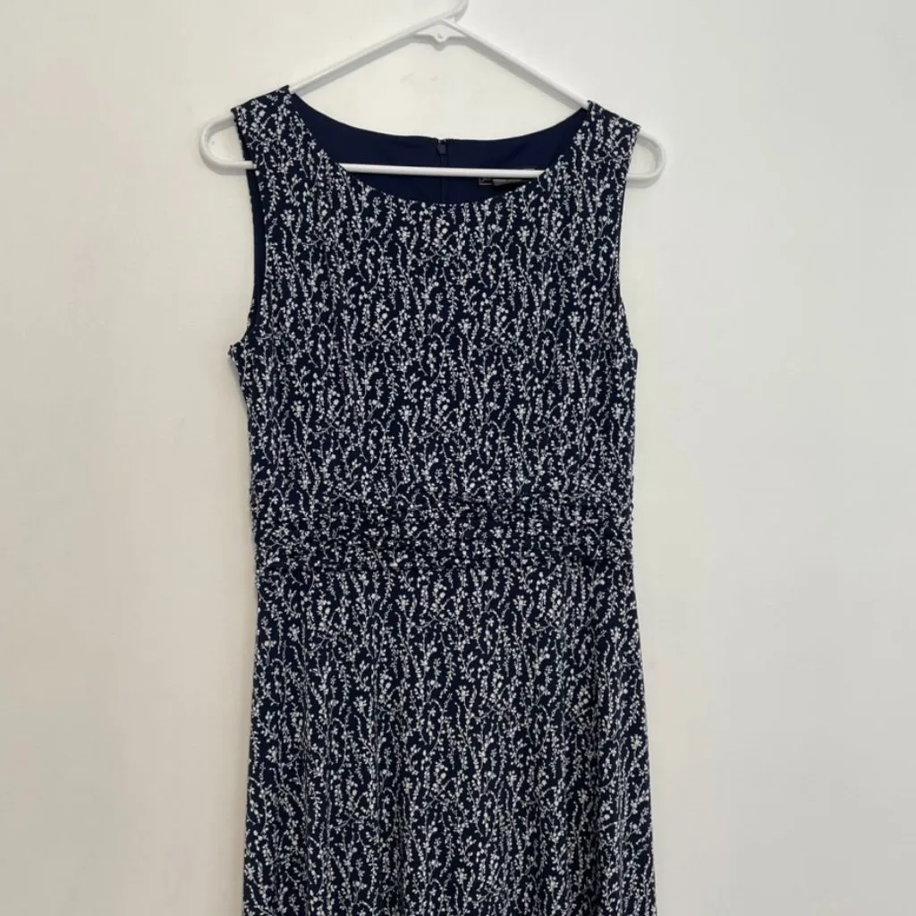 JESSICA HOWARD Ruched A-Line Dress Navy Blue White Floral Sleeveless Midi Office - Image 4