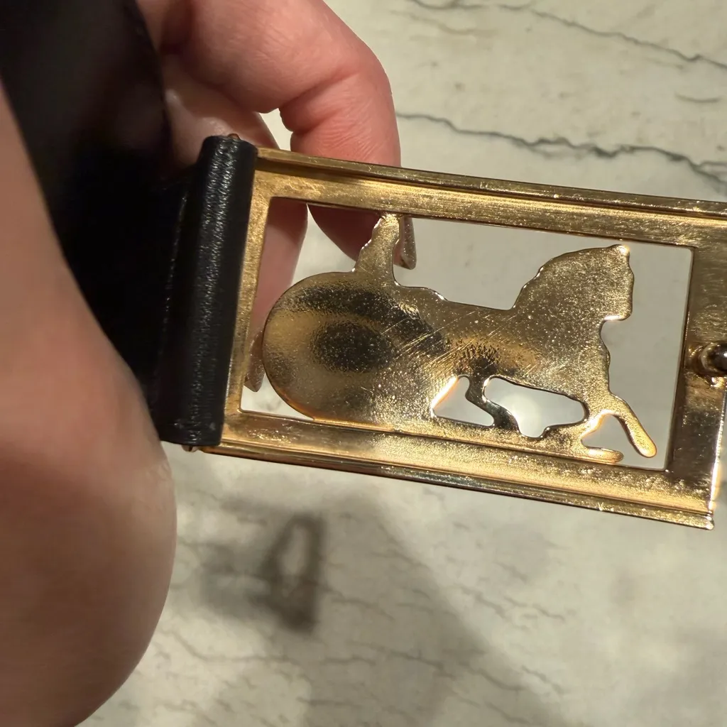 Vintage CELINE Black Leather Gold Carriage Buckle Belt Made in Italy - Image 4