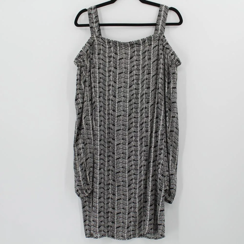 Lemon Tart Cold Shoulder Cutout Dress Grainy Waves Printed Black White Size 1X - Image 4