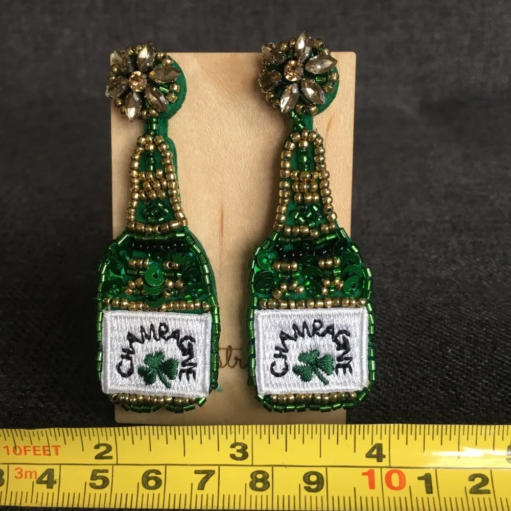 Felt Fabric Rhinestone & Sequin Champagne Bottle Shamrock Earrings, Green, Gold Green - Image 14