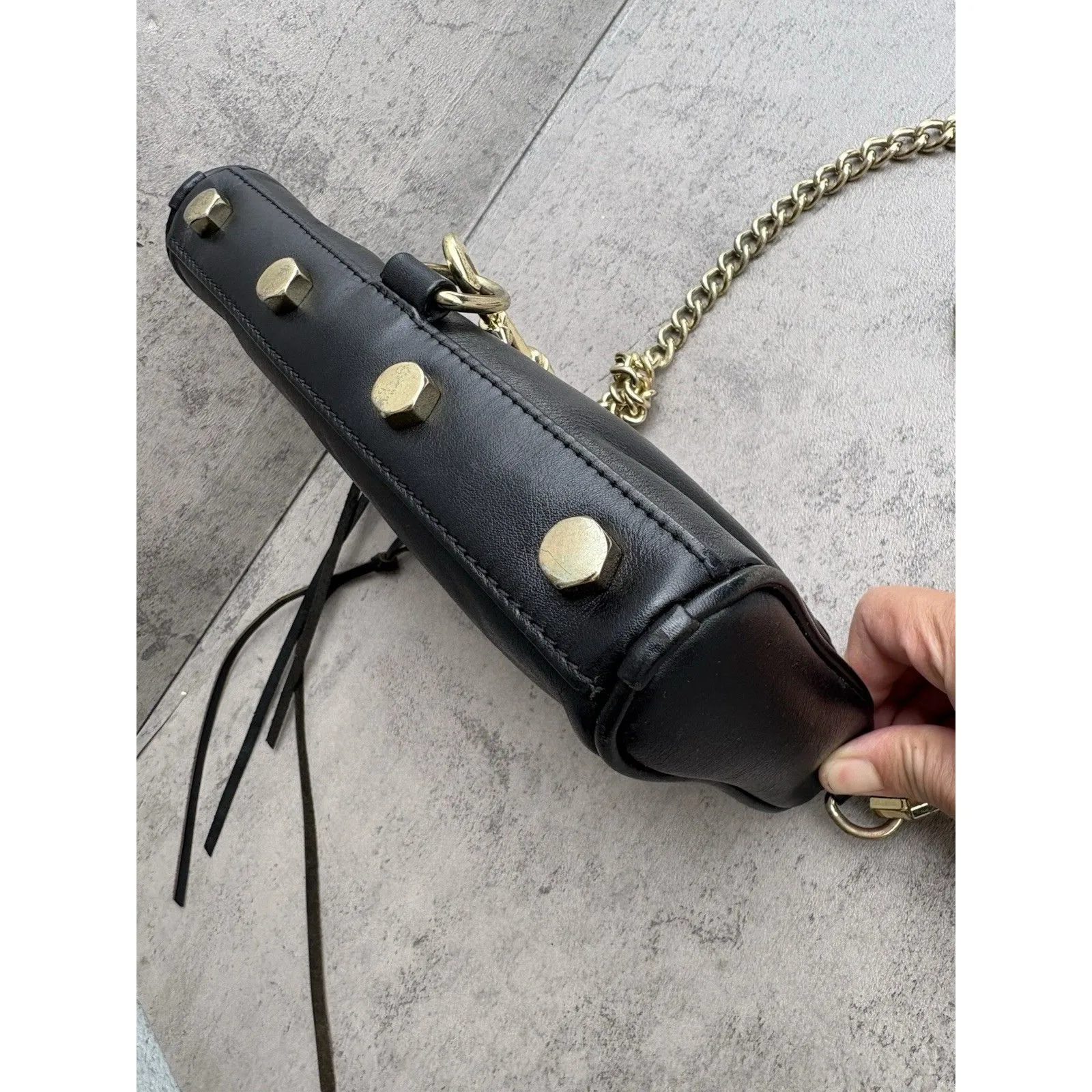 Rebecca Minkoff Black Leather Crossbody Handbag Purse Mini MAC Gold Tone Chain - Image 6