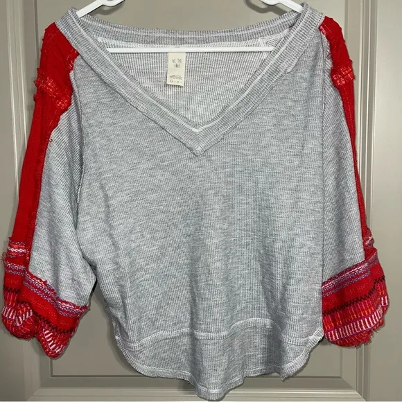 We the Free People Red embroidered Bubble‎ Sleeve Gray Shirt XS - Image 4