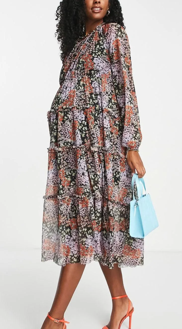 River Island Maternity floral print tiered midi dress in black - Image 4