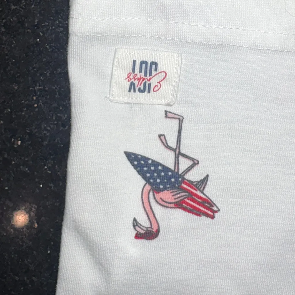 Denim & Flower White Americana Tee with Flamingo 🦩 surf board print - Image 4