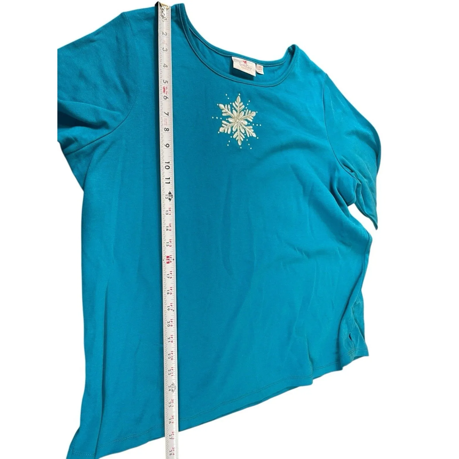 Quacker Factory 1X Turquoise Blue Snowflake Embellished Top Holiday Winter - Image 7
