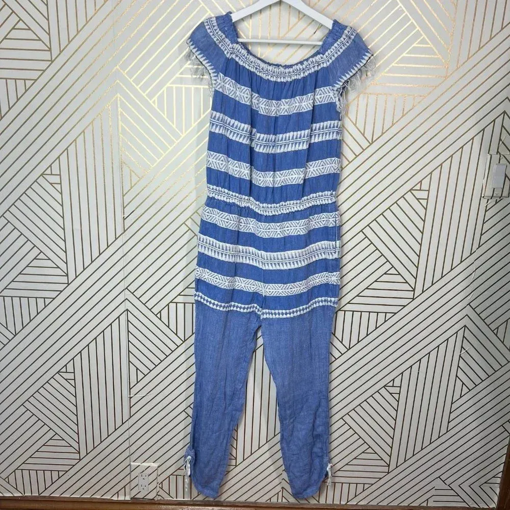 Lemlem Freya Off The Shoulder Embroidered Gauze Jumpsuit Blue Size‎ US Medium - Image 2