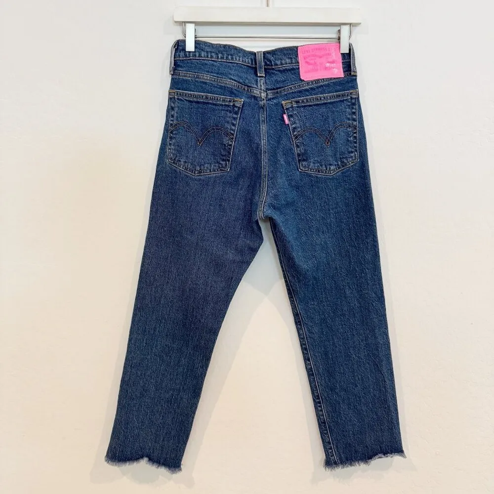 Levi’s Wedgie Straight Leg Dark Wash Blue Jeans Button‎ Fly Raw Hem Pink Size 27 - Image 9