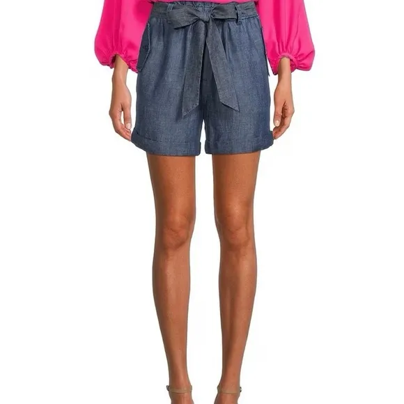 TRINA TURK Serenity High Waist Paper Bag Shorts Linen Blend Chambray Sz Large - Image 10