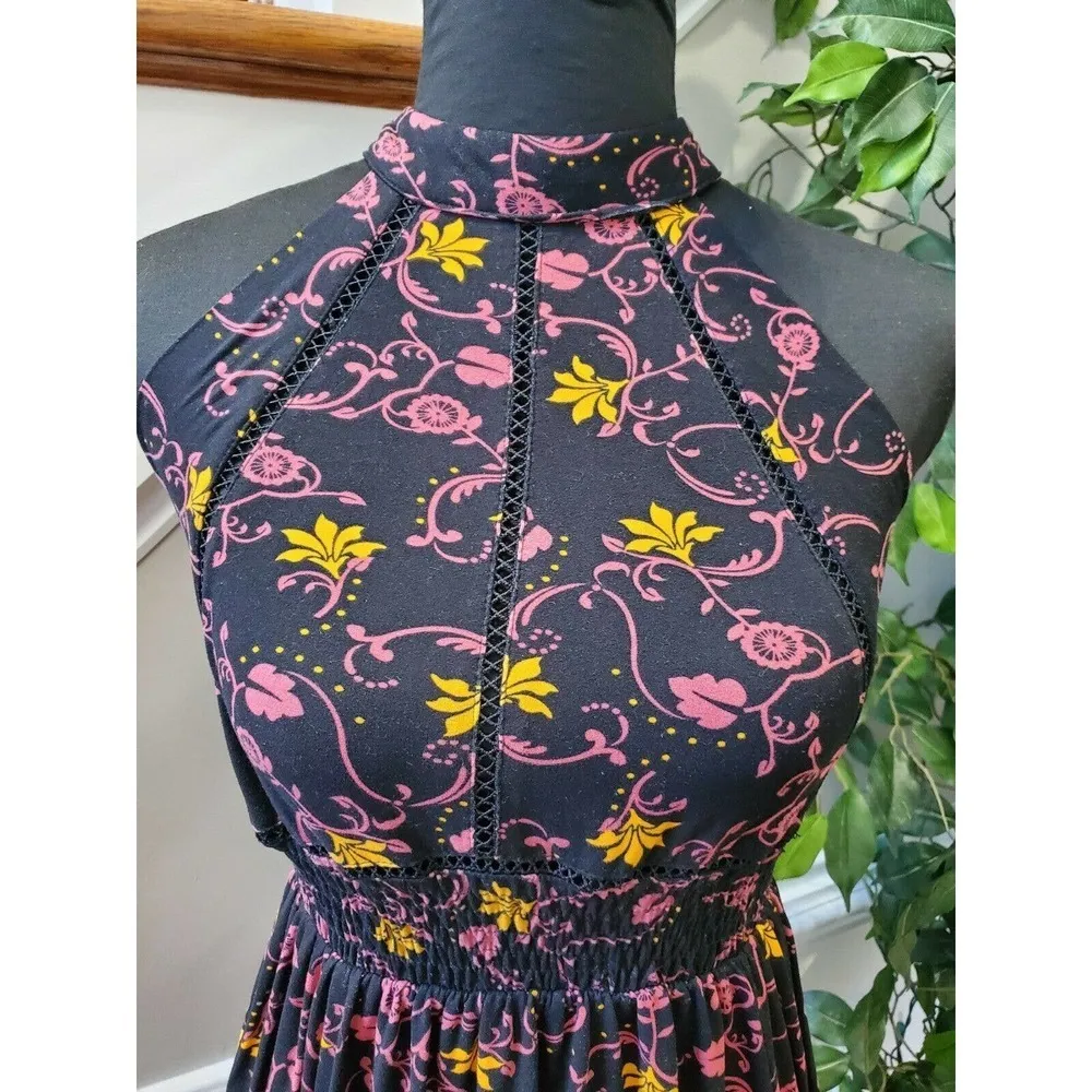 Black Floral Women's Cotton Halter Neck Pleated Sleeveless Long Maxi Dress S - Image 2