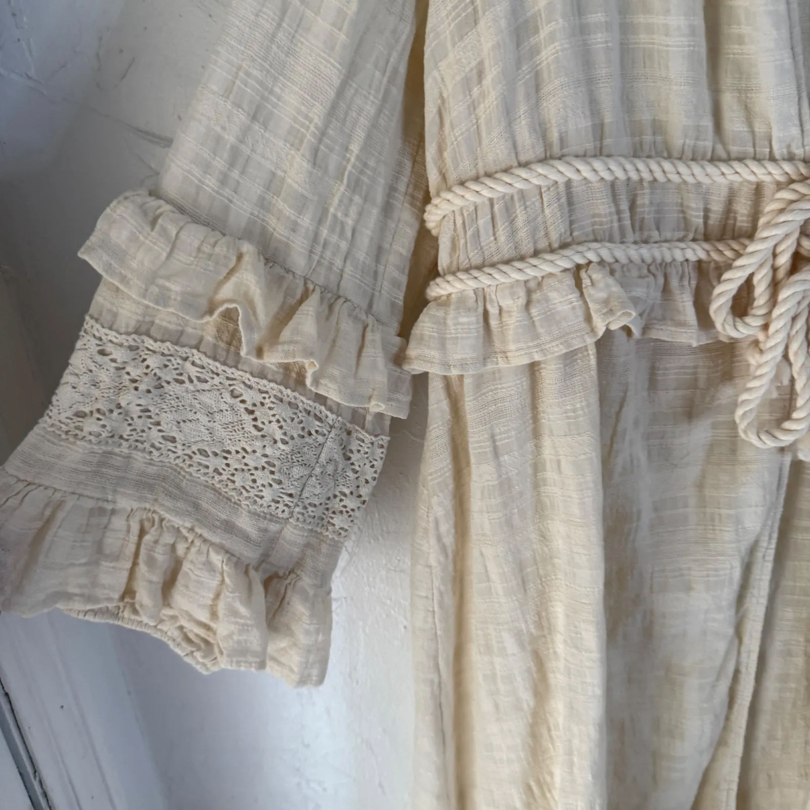 Peace Love‎ World Beige Cotton Lace Trimmed Ruffle Sl Duster Kimono Cardigan L - Image 6