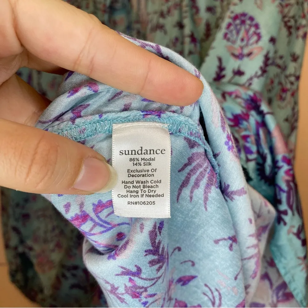 Sundance | Arielle Tassel-Neck Floral Silk Modal Peasant Blouse Teal Blue Sz XXL - Image 13