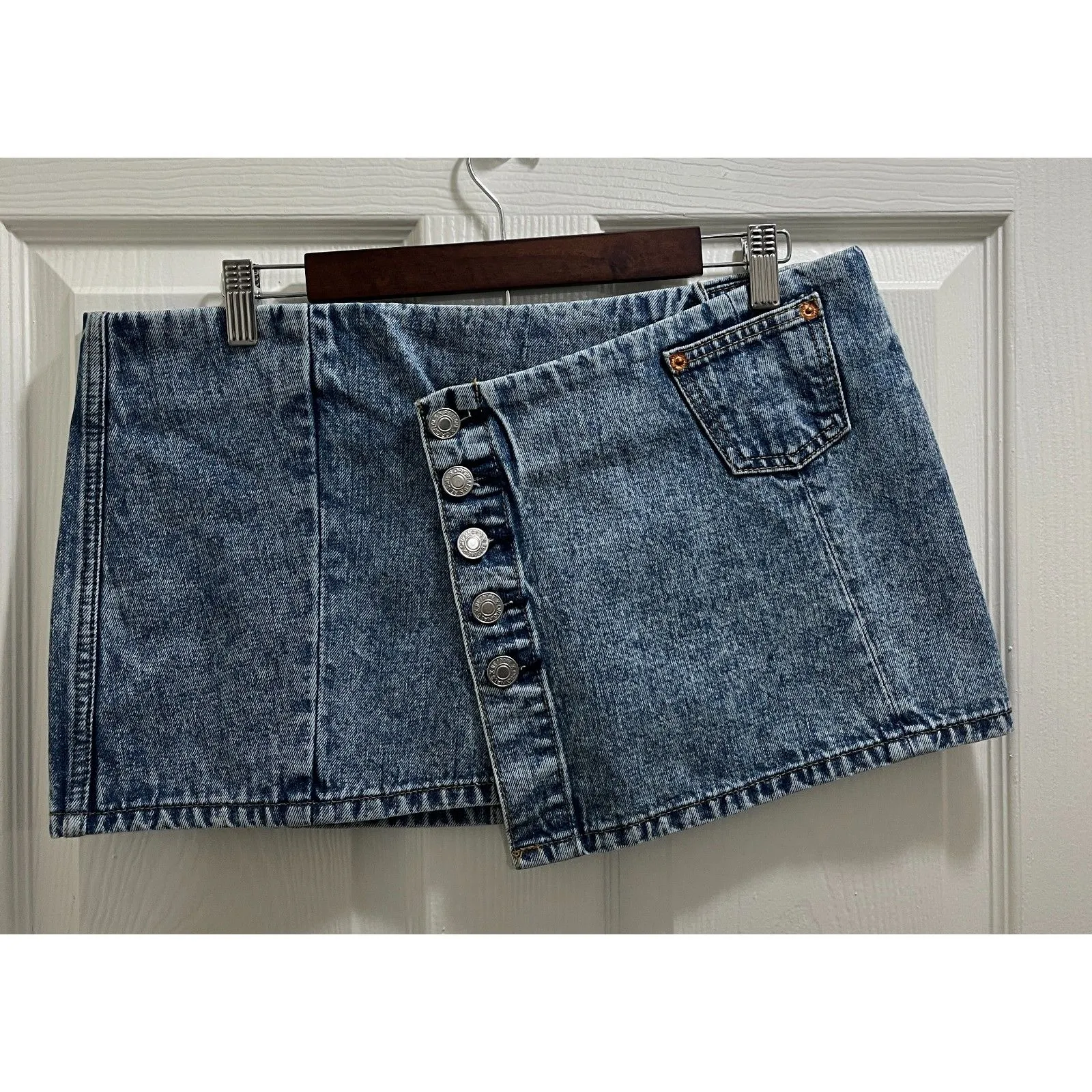 Re/Done Originals Denim Wrap Mini Skirt Size 24 in Acid Blue Trendy Low Rise - Image 4