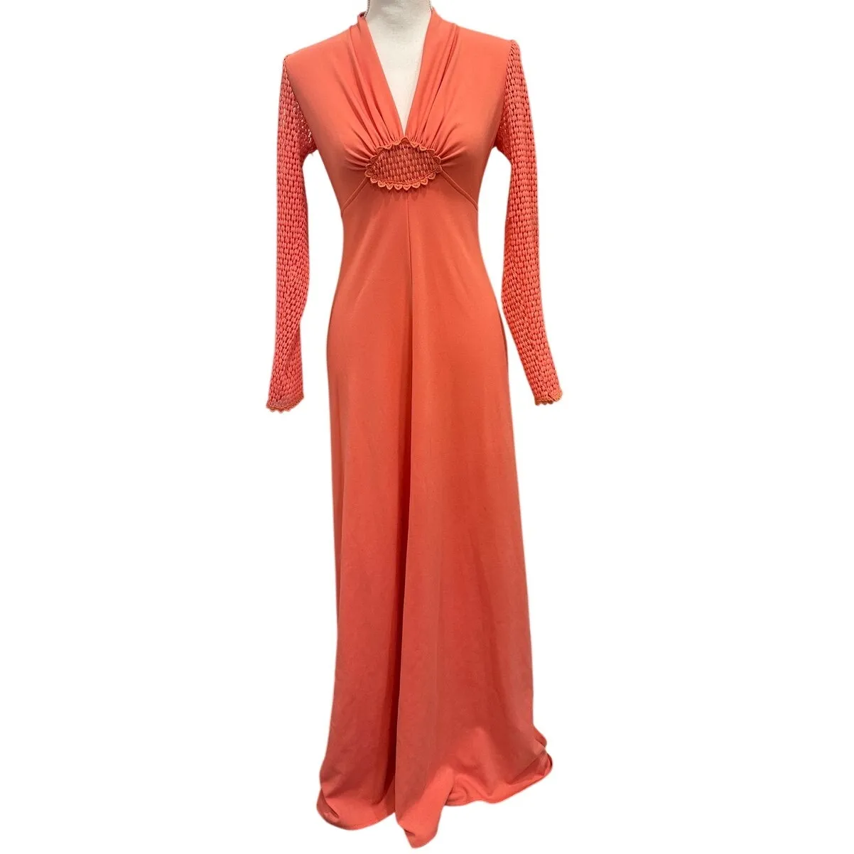 VTG 70s Coral Long Crochet Sleeve Maxi Dress Victorian Edwardian Revival Size XS - Image 3