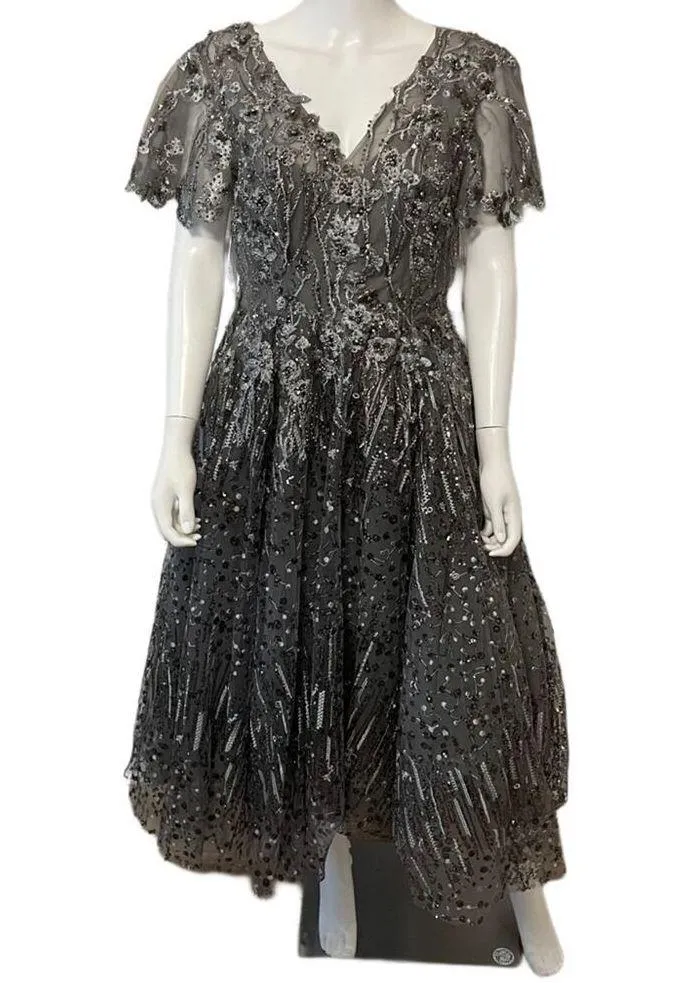 Mac Duggal Embellished Butterfly Fit & Flare Tea-Length Dress Gunmetal Sz 8 - Image 2