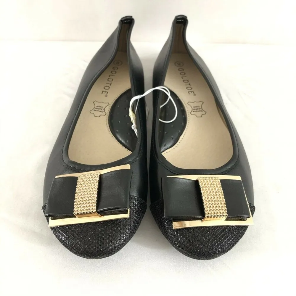 Goldtoe Womens Ballet Flats Faux Leather Slip On Bow Gold Black Size 8 - Image 2