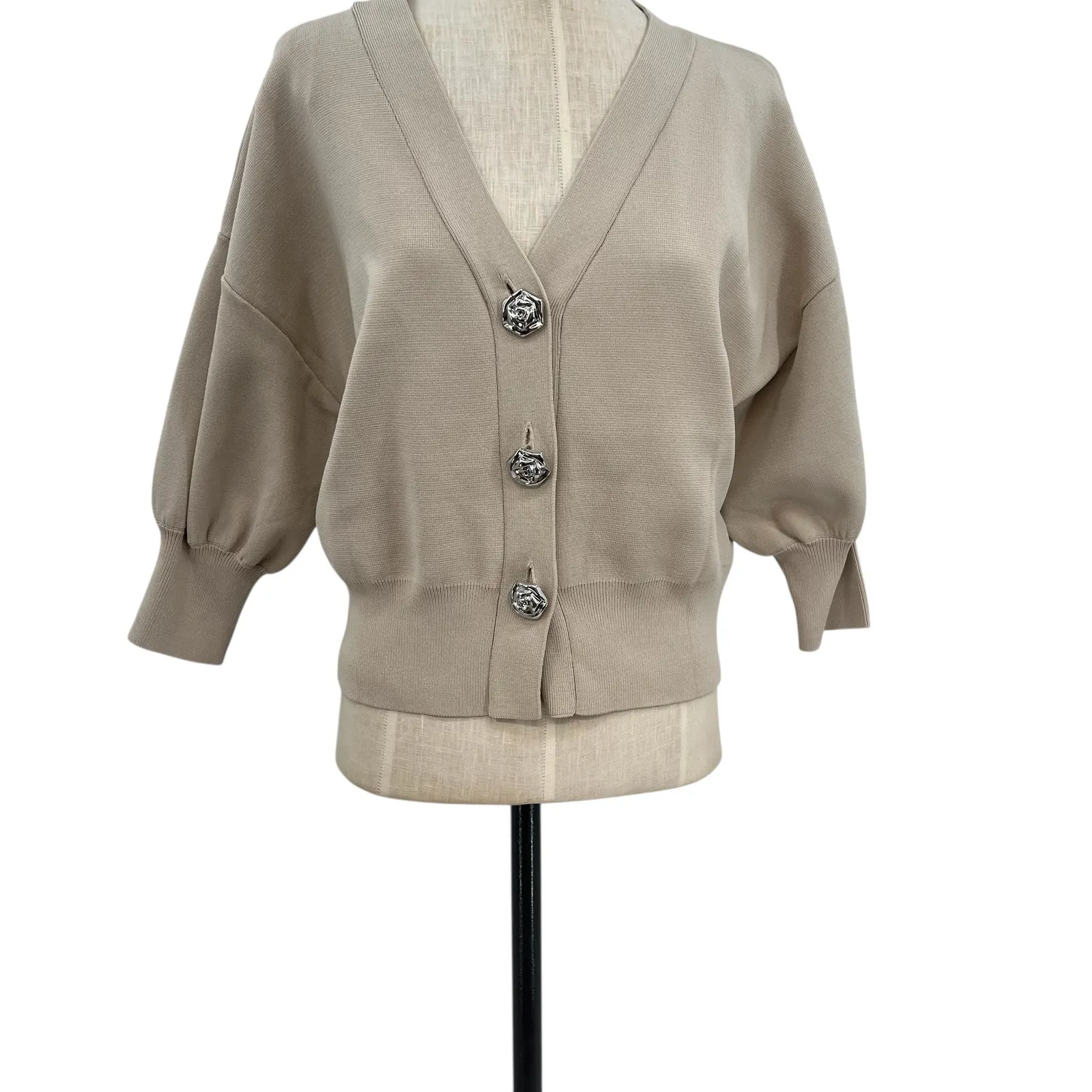 Zara Rose Button Cardigan‎ Puff Sleeve Cropped Beige Tan Silver Size Medium - Image 6