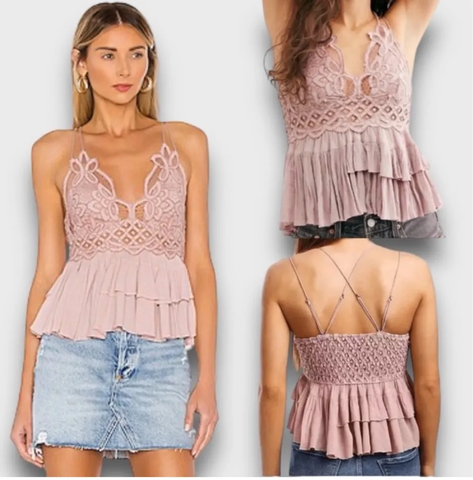 NWT Free people adella cami boho crochet lace ruffle mauve small - Image 6