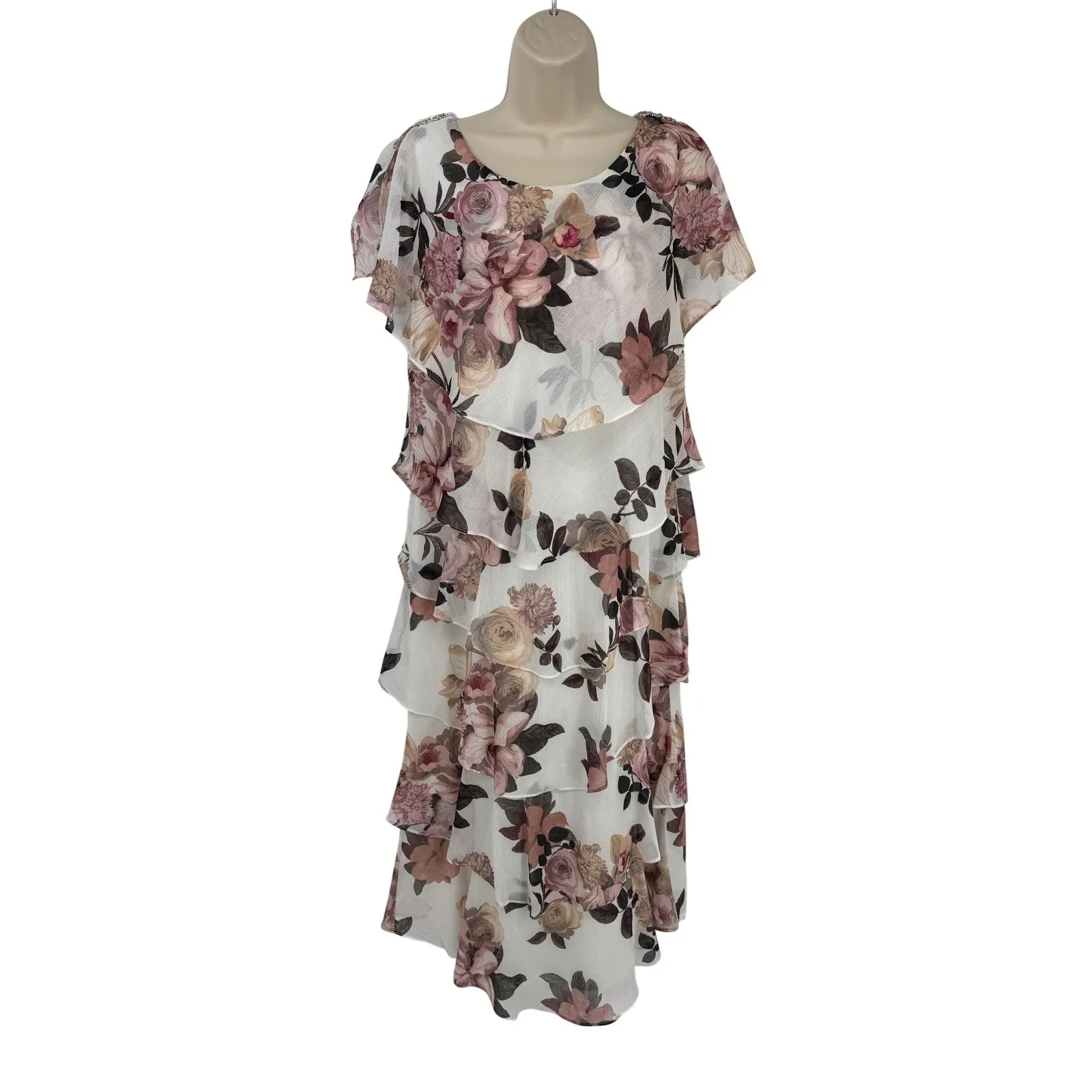 Vintage SLNY Floral Tiered Ruffle Dress Womens 10 White Pink Tea Party Romantic - Image 2