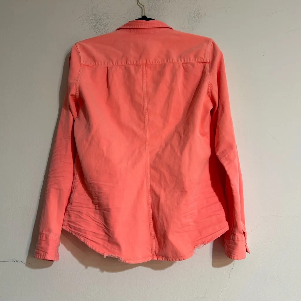 Frank & Eileen Barry Famous Denim Button Down Distressed Shirt Neon Watermelon - Image 7