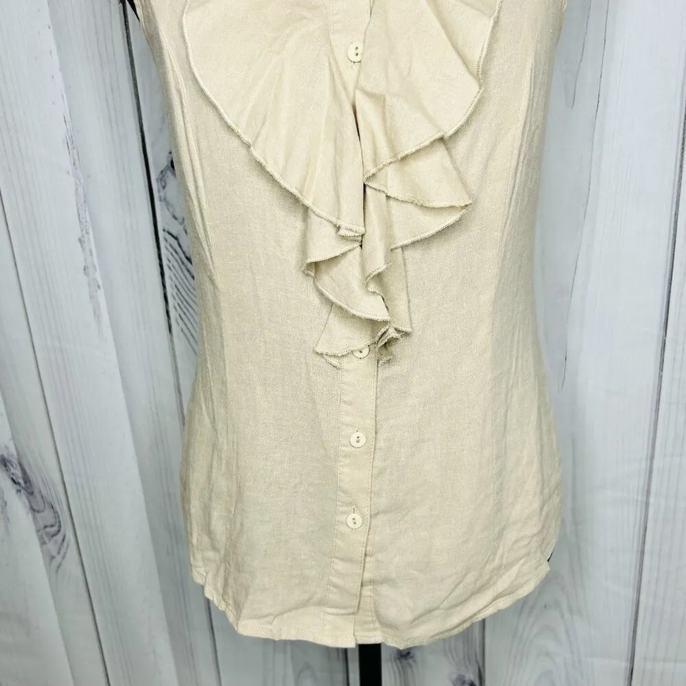 Vintage Susan Bristol Linen Blend Tan Sleeveless Ruffle Front Blouse Sz S - Image 4