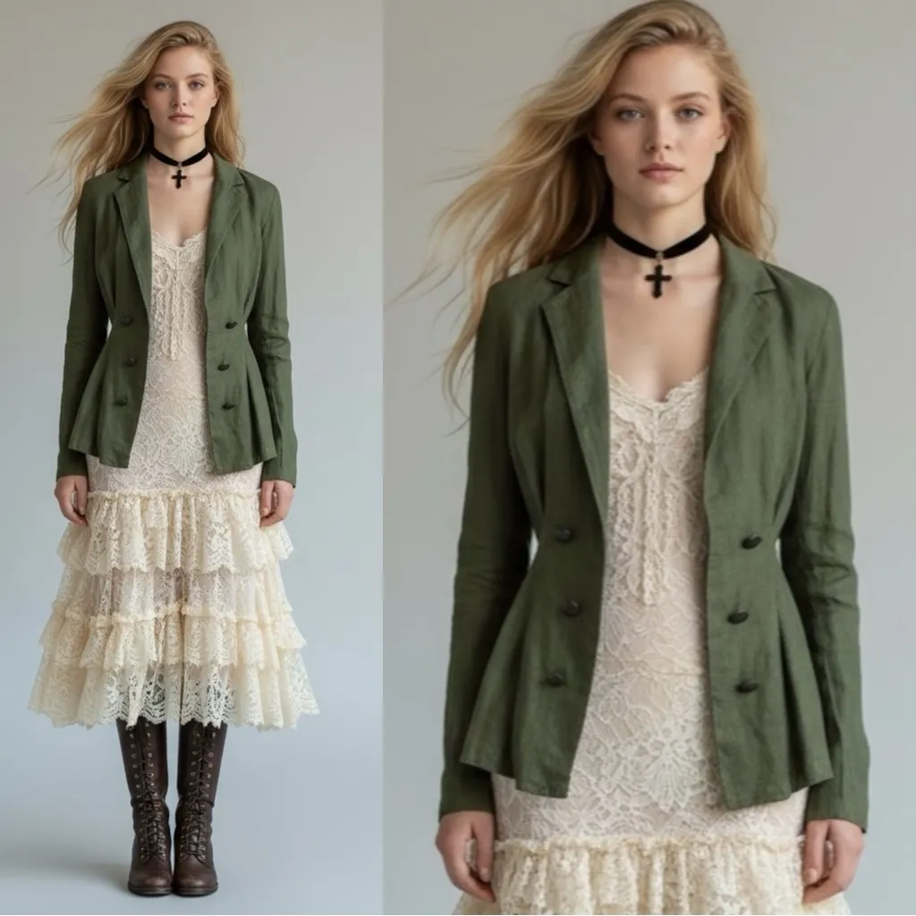 Free People Linen Military Cinched Waist Blazer Army Green Grunge Subversive XS - Image 13